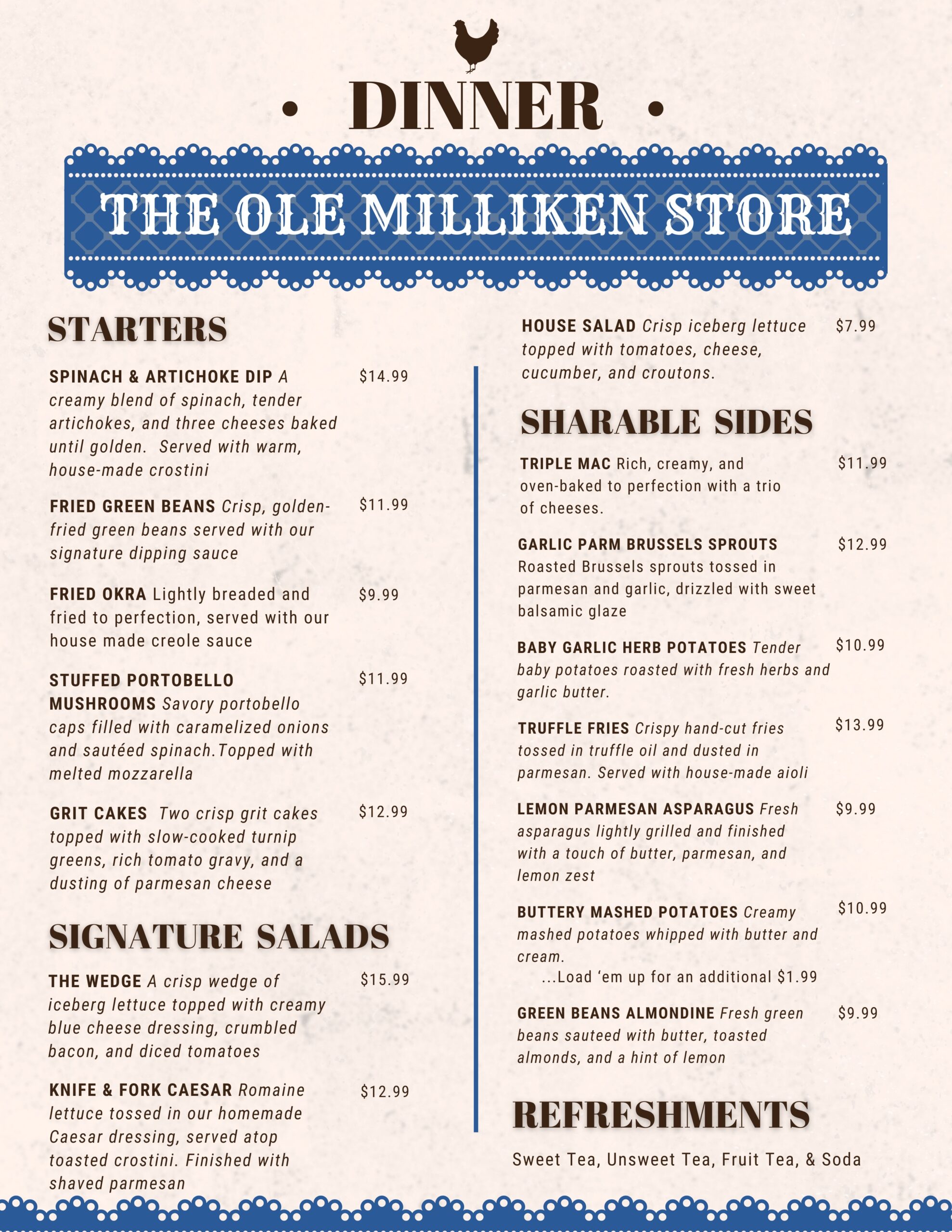 The Ole Milliken Store - Dinner Menu (Page 1)