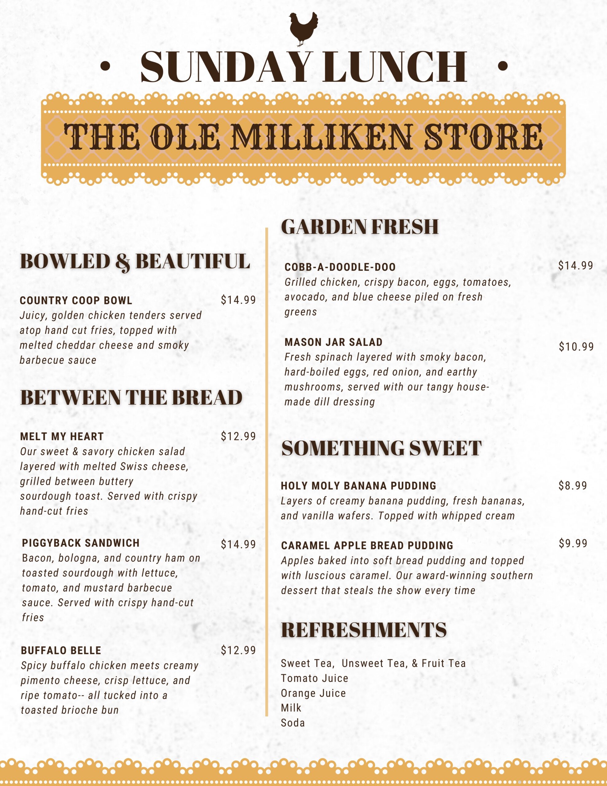 The Ole Milliken Store - Sunday Lunch Menu