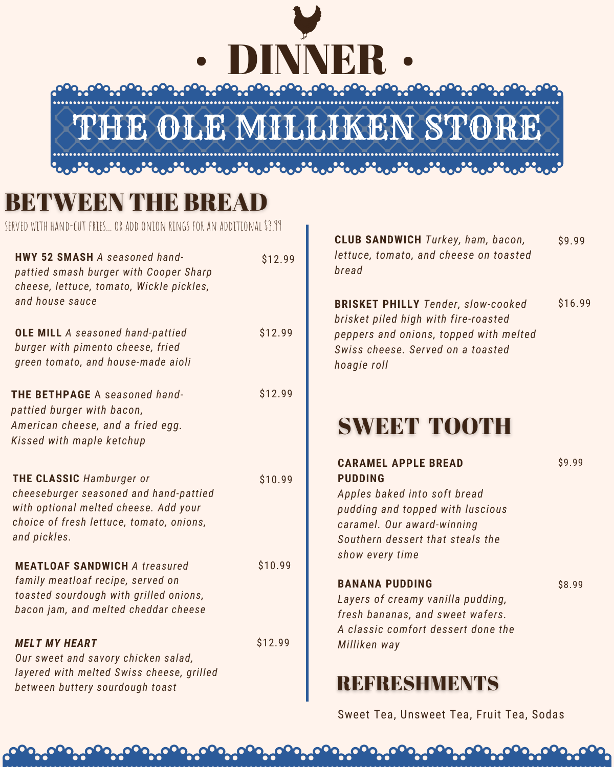 The Ole Milliken Store - Dinner Menu (Page 1)