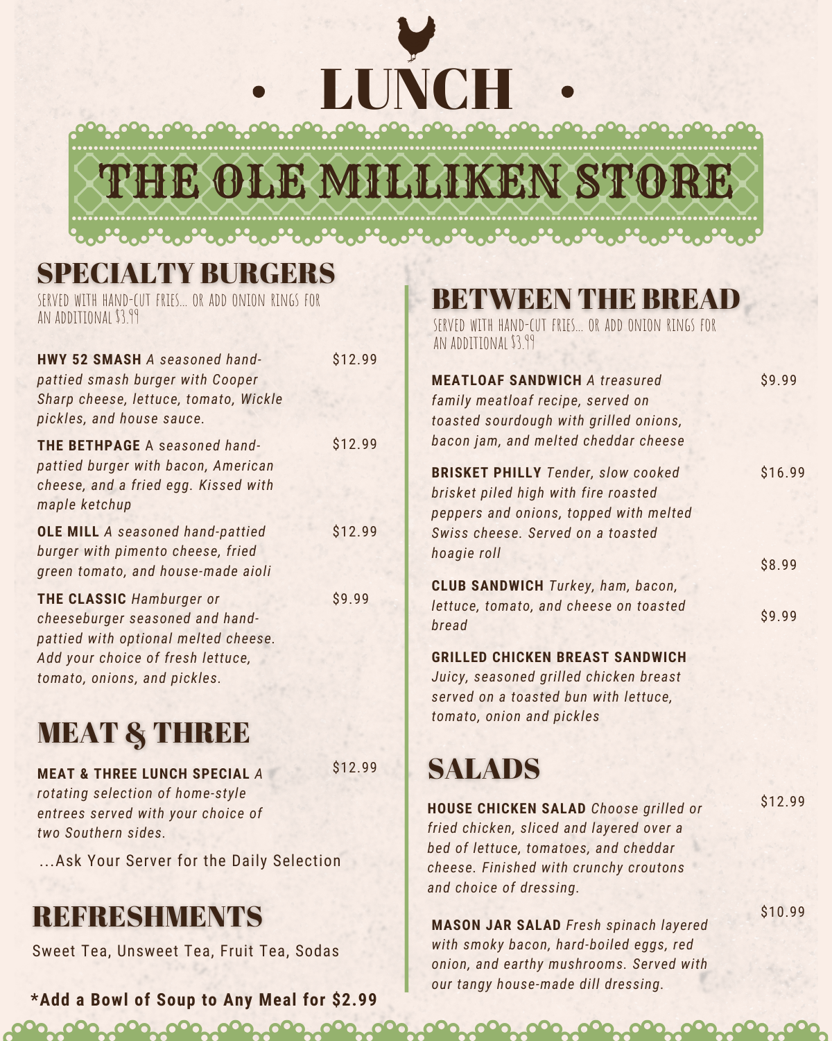 The Ole Milliken Store - Lunch Menu